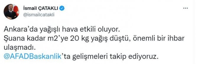 İçişleri Bakan Yardımcısı Çataklı’dan Ankara’daki sağanak ile ilgili açıklama