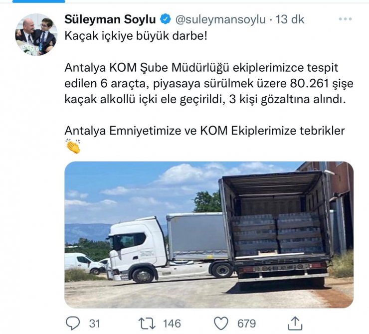Bakan Soylu'dan, Antalya'da 80 bin şişe 'kaçak içki' ele geçiren ekiplere tebrik