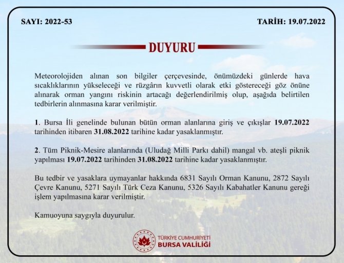 Bursa’da ormanlara giriş çıkışlar ve ateşli piknik yapılması yasaklandı