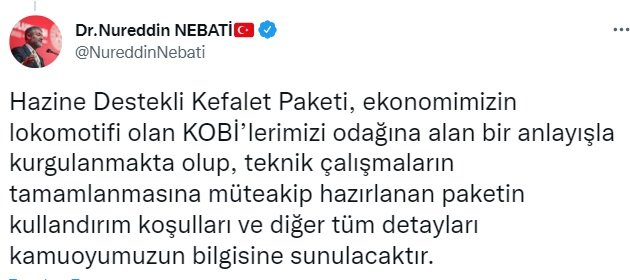Bakan Nebati: KOBİ'lere destek için yeni bir kefalet paketi çalışması yürütüyoruz