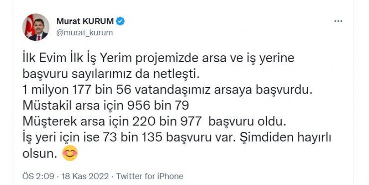 Bakan Kurum, arsa ve iş yeri başvuru sayılarını açıkladı