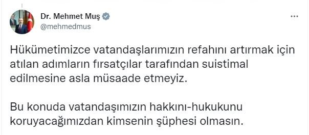Bakan Muş: Fırsatçılara karşı bakanlığımız denetimlerini yoğunlaştırdı