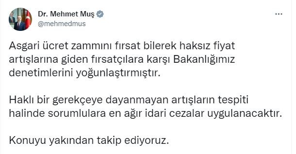 Bakan Muş: Fırsatçılara karşı bakanlığımız denetimlerini yoğunlaştırdı