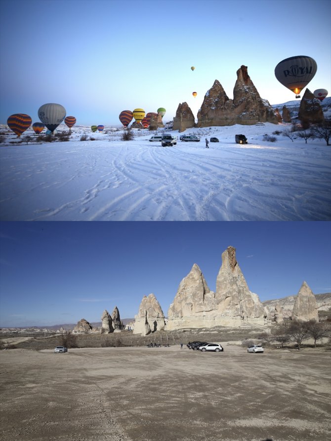 Kapadokya'da bir yılda yaşanan kuraklık aynı açıdan çekilen görsellerde