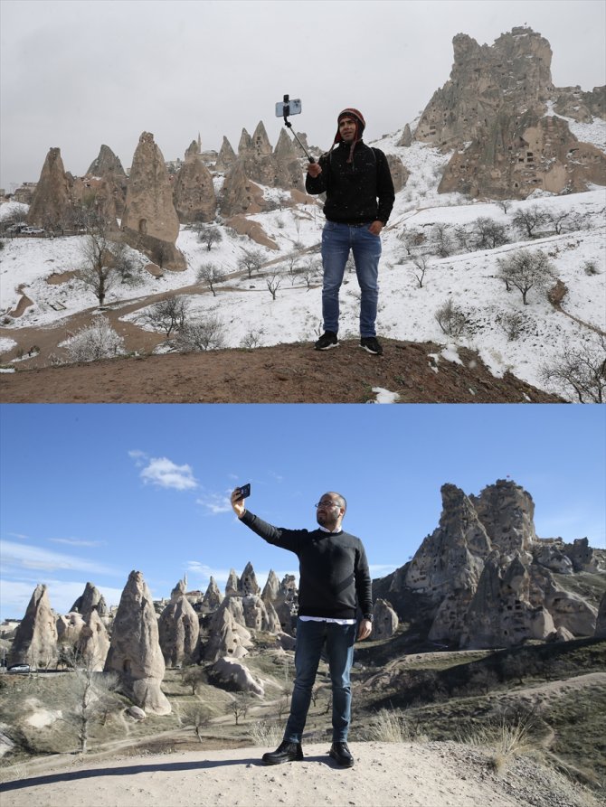 Kapadokya'da bir yılda yaşanan kuraklık aynı açıdan çekilen görsellerde