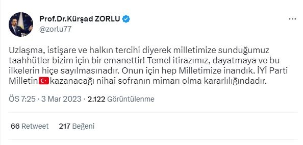 İYİ Partili Zorlu: İYİ Parti, milletin kazanacağı nihai sofranın mimarı olma kararlılığındadır