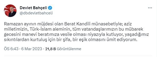 MHP Genel Başkanı Bahçeli'den, 'Berat Kandili' mesajı