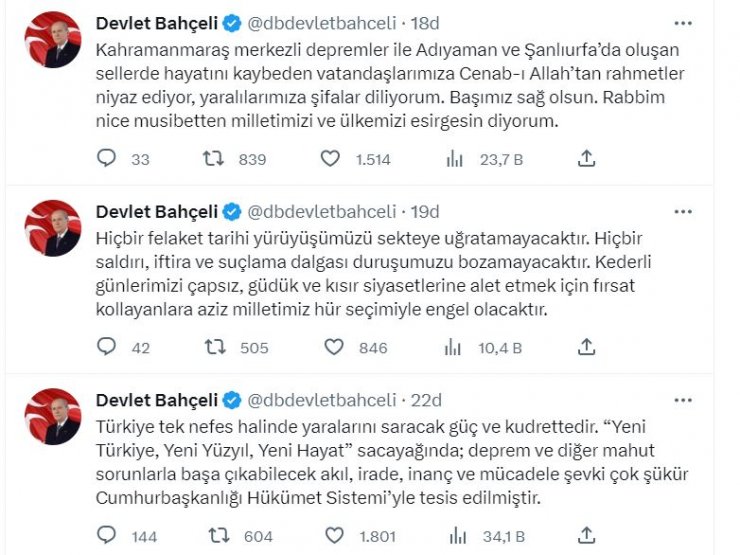 Bahçeli: Hiçbir felaket tarihi yürüyüşümüzü sekteye uğratamayacak