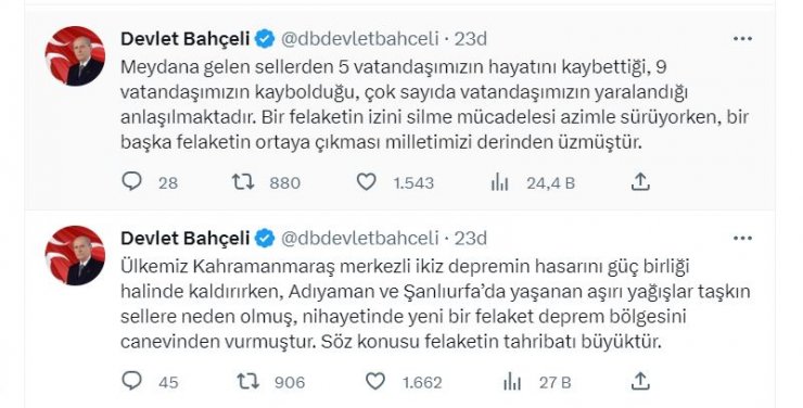 Bahçeli: Hiçbir felaket tarihi yürüyüşümüzü sekteye uğratamayacak