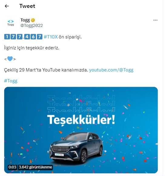 TOGG T10X modeli için ön sipariş başvuru sayısı belli oldu, çekiliş yarın