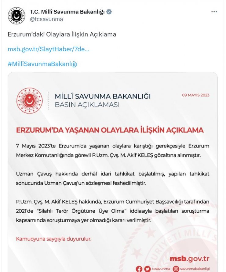 Erzurum'daki olaylara karışan uzman çavuşun sözleşmesi feshedildi