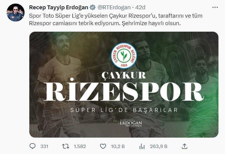 Cumhurbaşkanı Erdoğan Süper Lig’e çıkan Rizespor’u kutladı