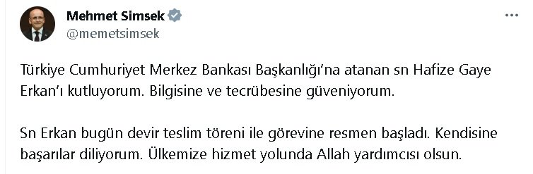 Bakan Şimşek'ten Merkez Bankası Başkanı Erkan'a tebrik