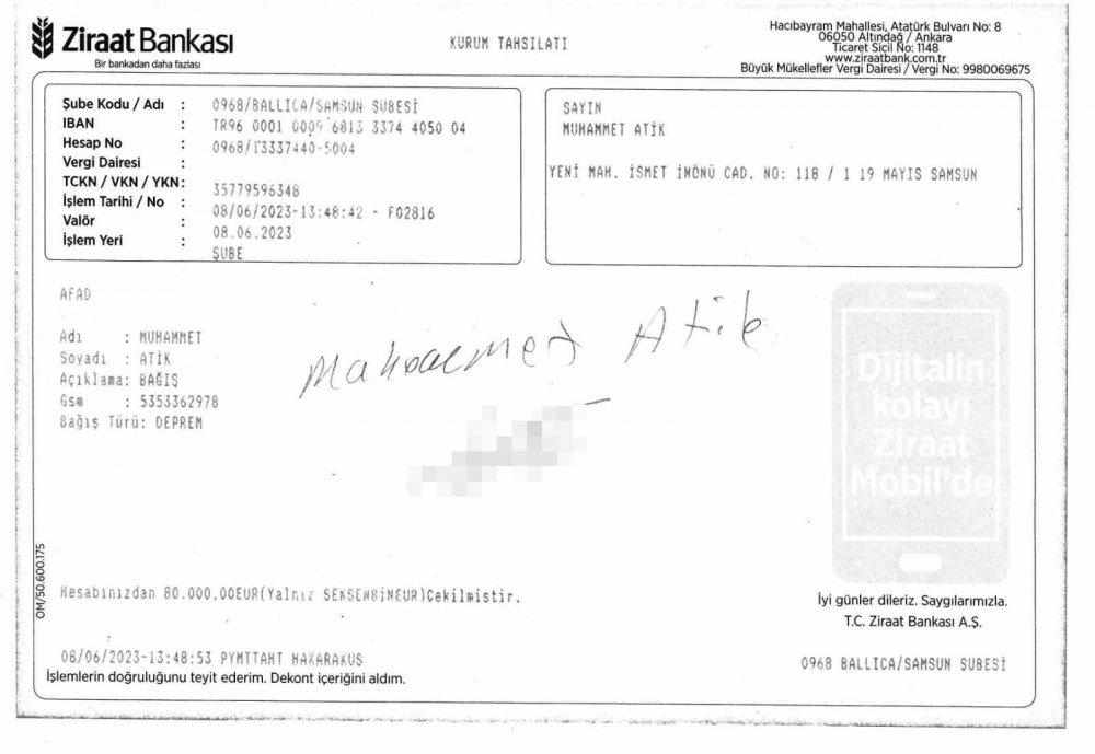 Depremzedelere 80 bin euro bağış yaptı