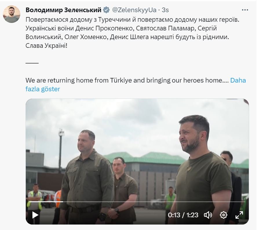 Zelenski 5 askerin Türkiye'den Ukrayna'ya döndüğünü paylaştı
