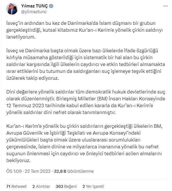 Bakan Tunç: Danimarka'da Kur'an-ı Kerim'e yönelik saldırıyı lanetliyorum