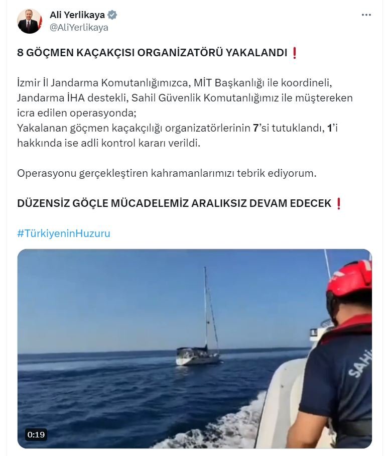 Bakan Yerlikaya: İzmir'de yakalanan 8 göçmen kaçakçısından 7'si tutuklandı