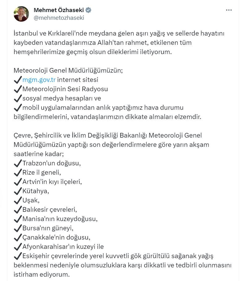 Bakan Özhaseki'den 11 ile 'sağanak' uyarısı