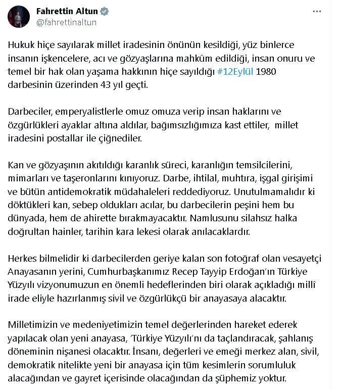 İletişim Başkanı Fahrettin Altun'dan 12 Eylül paylaşımı