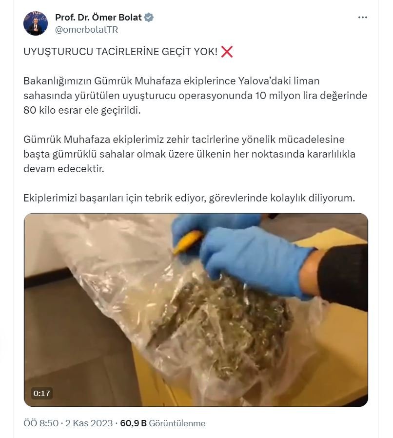 Bakan Bolat: Yalova'da 80 kilo esrar ele geçirildi