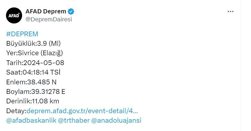 Elazığ Sivrice'de 3.9 büyüklüğünde deprem