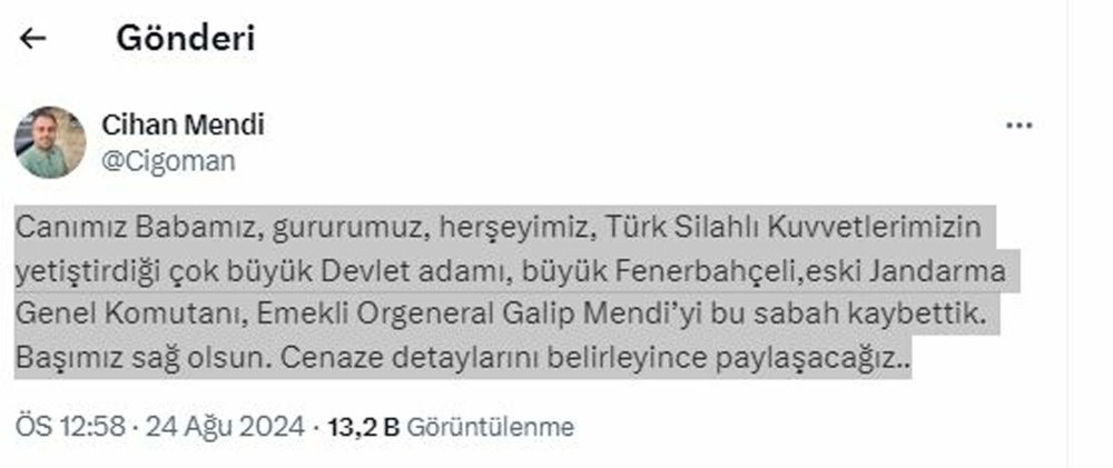 Eski Jandarma Genel Komutanı emekli Orgeneral Galip Mendi hayatını kaybetti