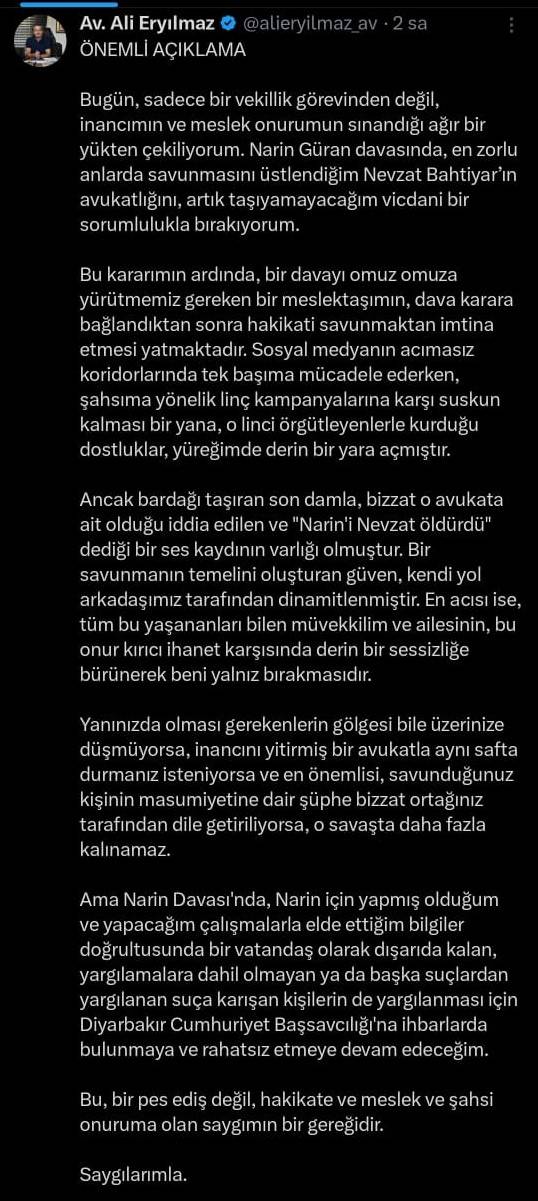 Narin Güran cinayeti davasında yeni gelişme! O avukat davadan çekildi